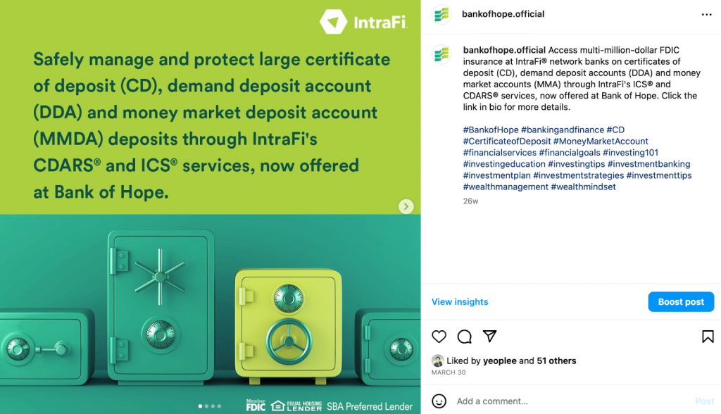 Bank of Hope (@bankofhope.official) uses a combination of images and text to showcase the details of their financial products and services.
