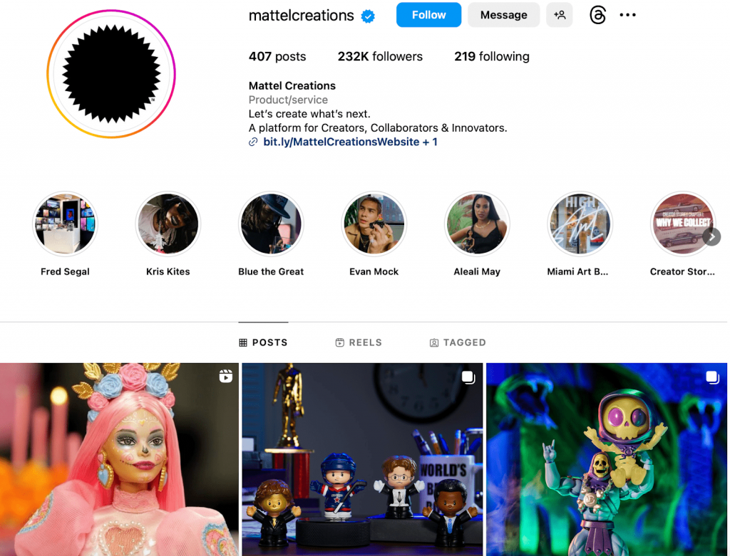 Mattel Creations (@mattelcreations) showcases product debuts with vibrant photography that creates a narrative of creativity and diversity when launching new toys.