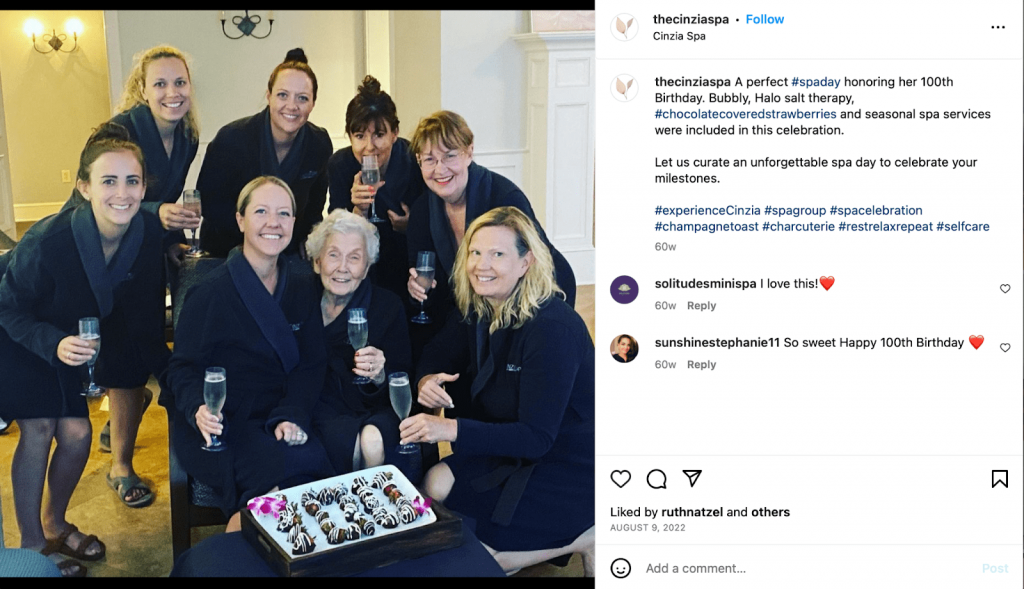 The Cinzia Spa (@cinziaspa) uses UGC to showcase customer experiences at their spa. This helps potential guests develop trust in their brand and encourages them to enjoy similar experiences.
